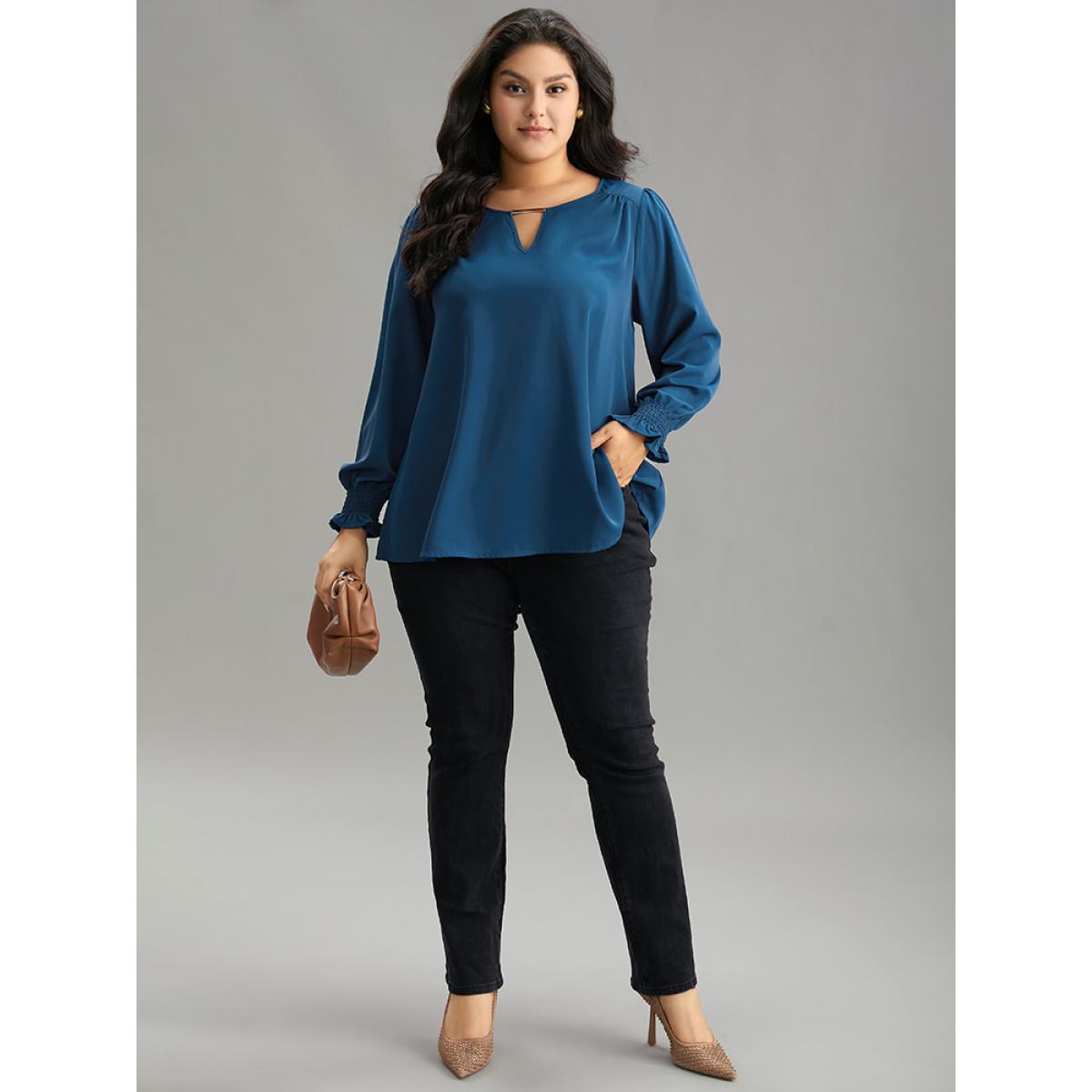 Plus Size Aegean Static-Free Plain Metal Detail Keyhole Shirred Blouse Women Office Long Sleeve Keyhole Cut-Out Office Blouses BloomChic 26/4X Product Image