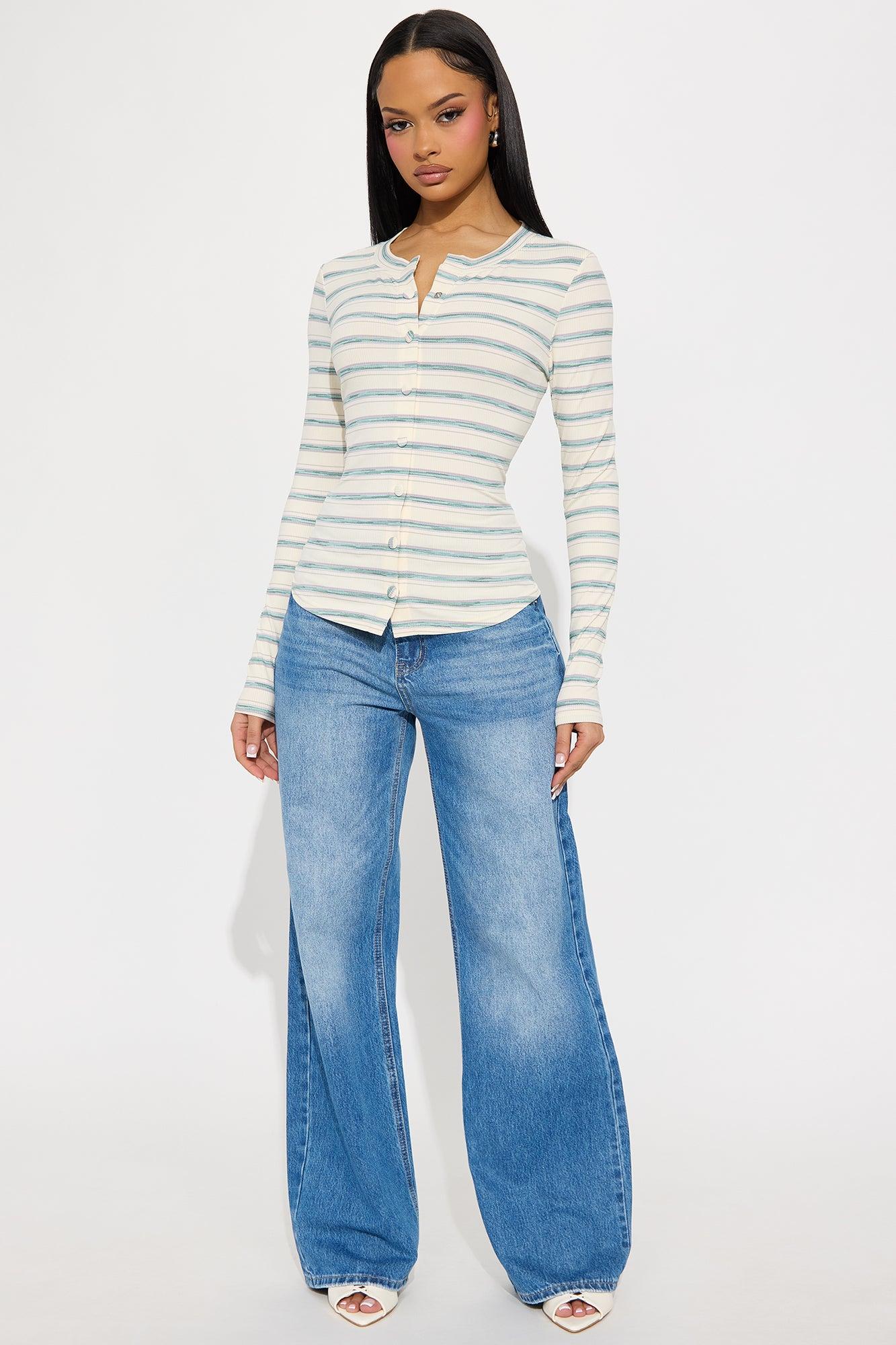 Sara Striped Button Front Top - Cream/combo Product Image