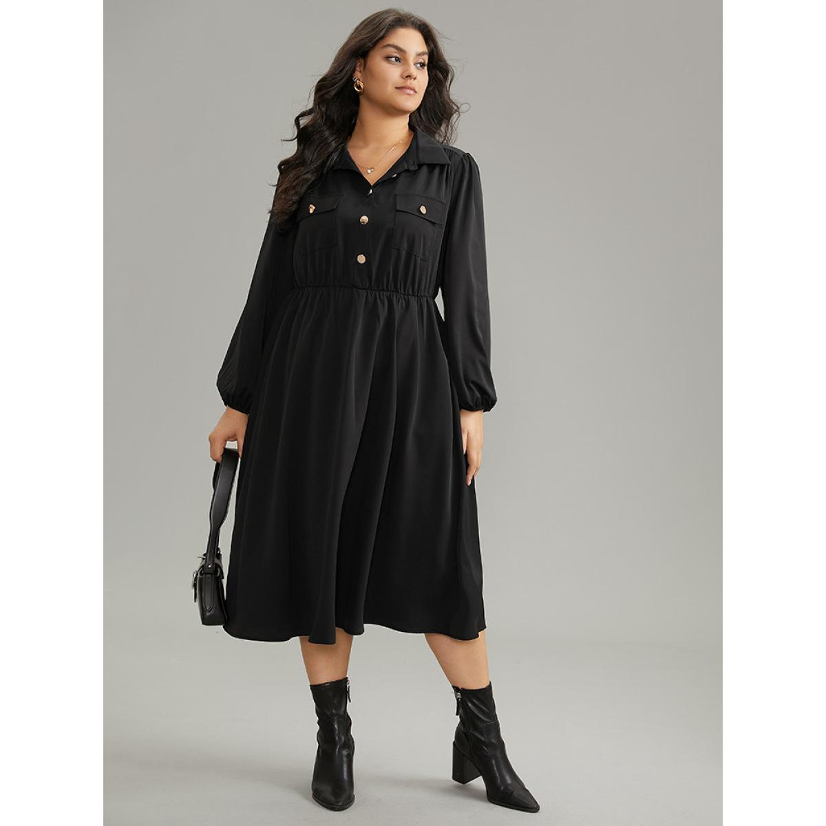 Plus Size Static-Free Plain Button Detail Lantern Sleeve Dress Black Women Office Elastic cuffs Shirt collar Long Sleeve Curvy Midi Dress BloomChic 22-24/3X Product Image