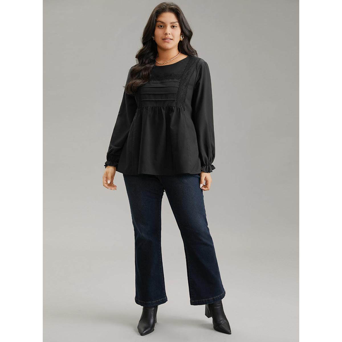 Plus Size Black Pleated Detail Contrast Lace Ruffle Blouse Women Elegant Long Sleeve Round Neck Dailywear Blouses BloomChic 26/4X Product Image