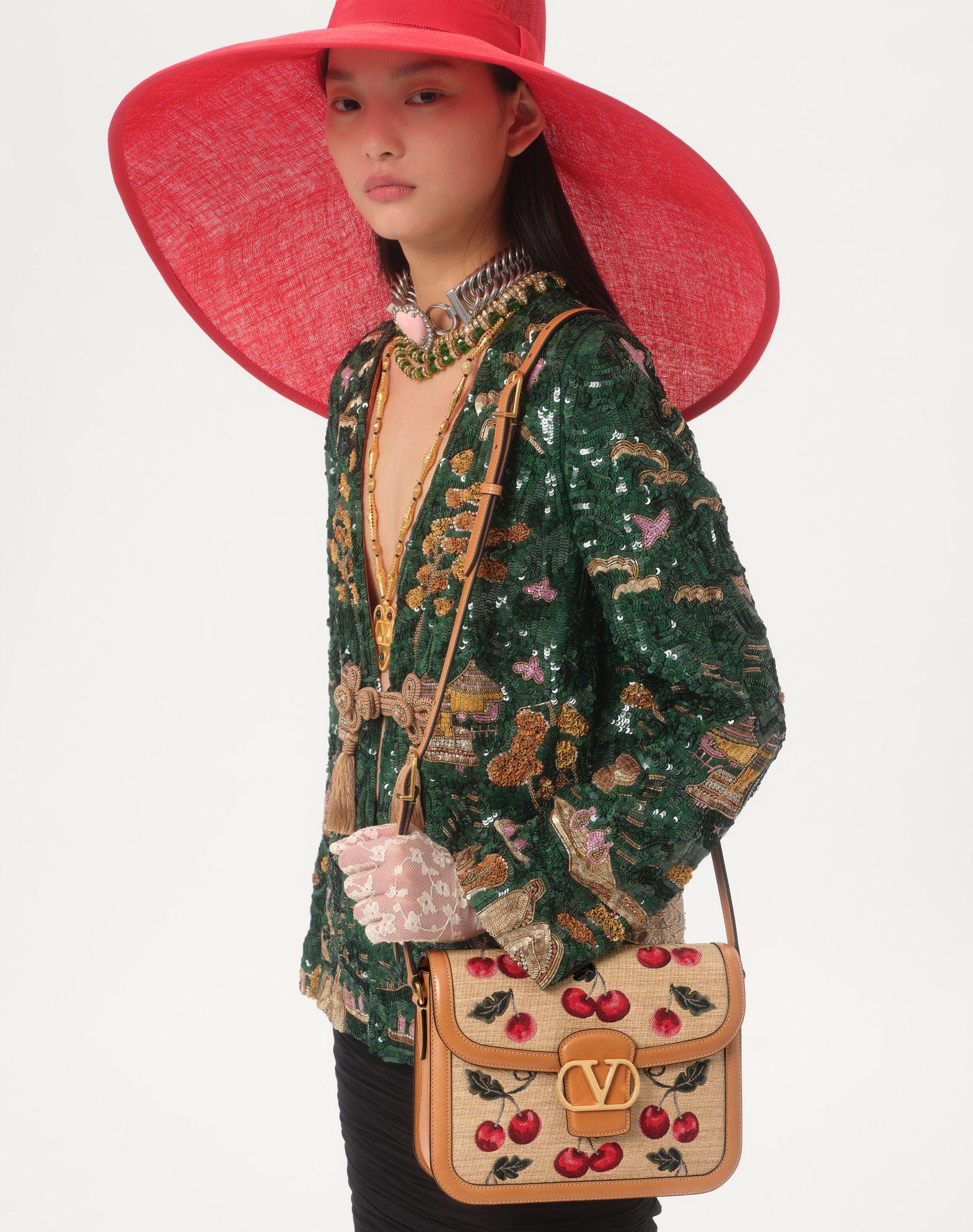 Valentino Garavani 9To5 Shoulder Bag In Jacquard Raffia With Cherryfic Motif Product Image