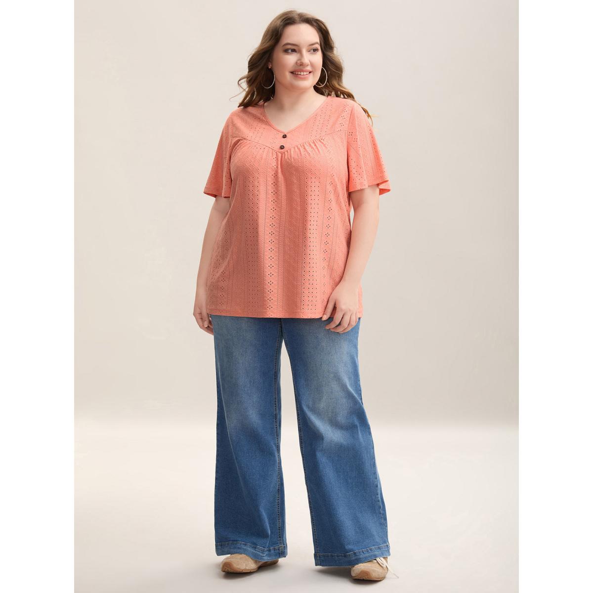Plus Size Textured Button Detail Pleated T-Shirt Coral Women Casual Texture V-neck Everyday-Casual T-shirts BloomChic 26/4X Product Image