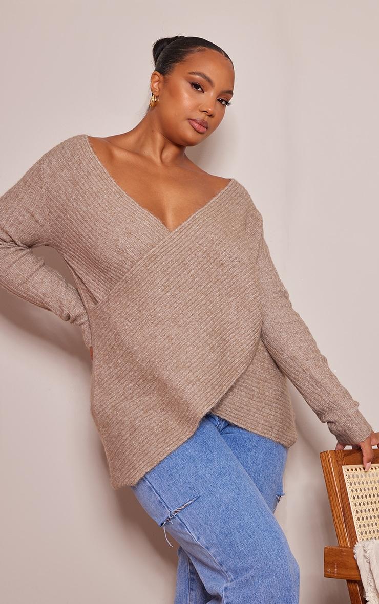 Plus Taupe Soft Knit Wrap Sweater Product Image