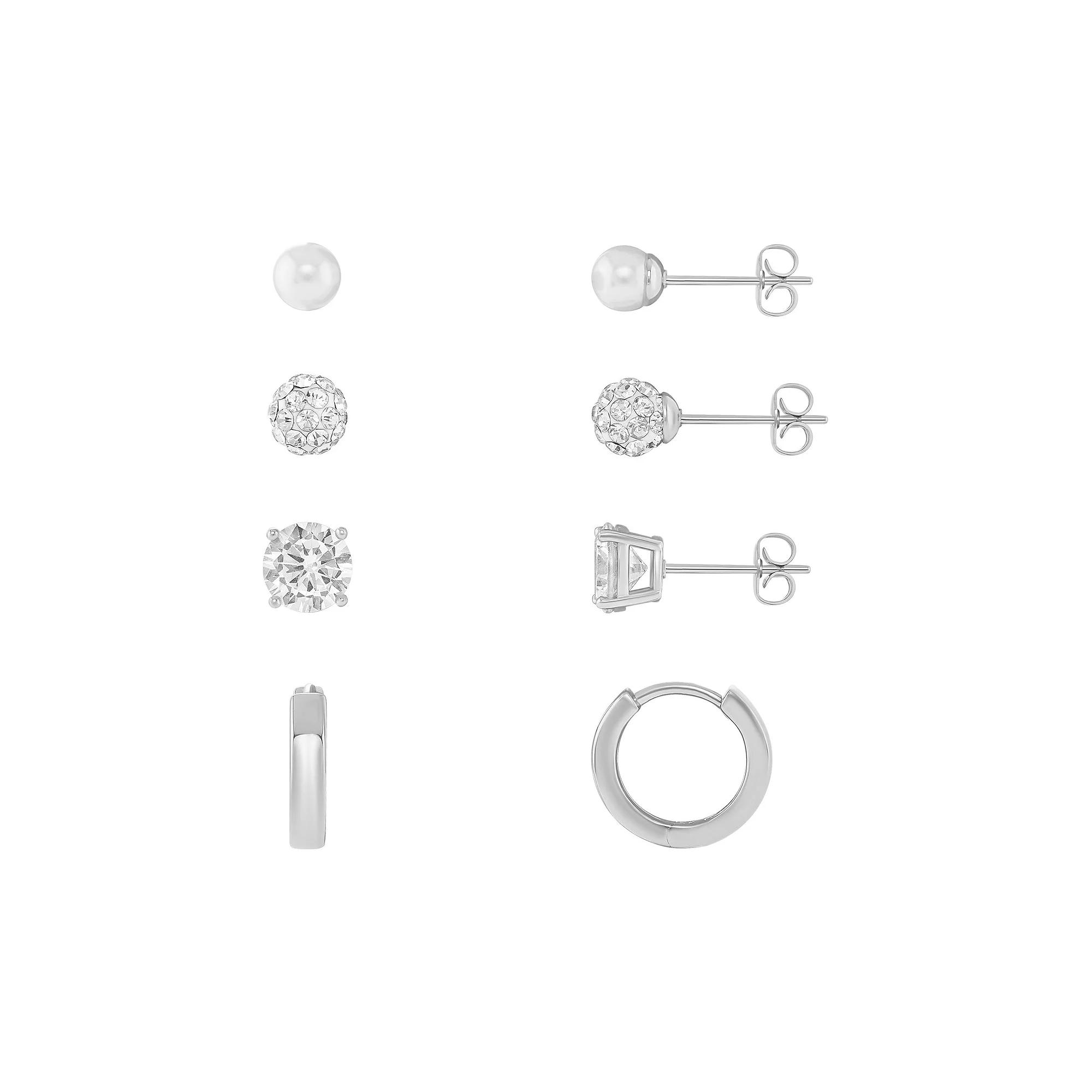 PRIMROSE 4-Pair Cubic Zirconia & Simulated Pearl Earring Set, Women's, Silver Tone Product Image