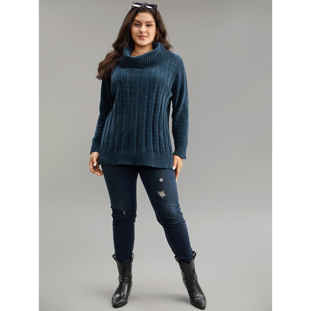 Plus Size Turtle Neck Plain Rib Knit Pullover Cyan Women Casual Long Sleeve Lapel Collar Dailywear Pullovers BloomChic 30/6X Product Image