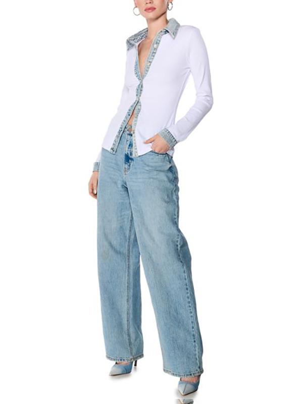 Long Sleeves Skinny Buttoned Split-Joint Lapel Blouses&Shirts Tops Product Image