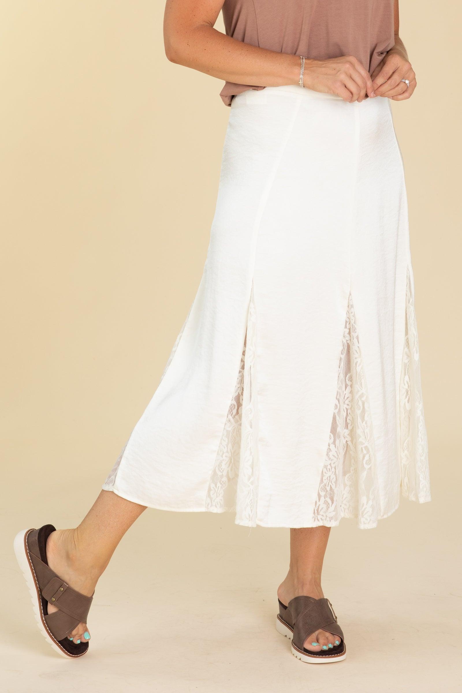 Cream Crushed Satin Lace Godet Skirt Product Image
