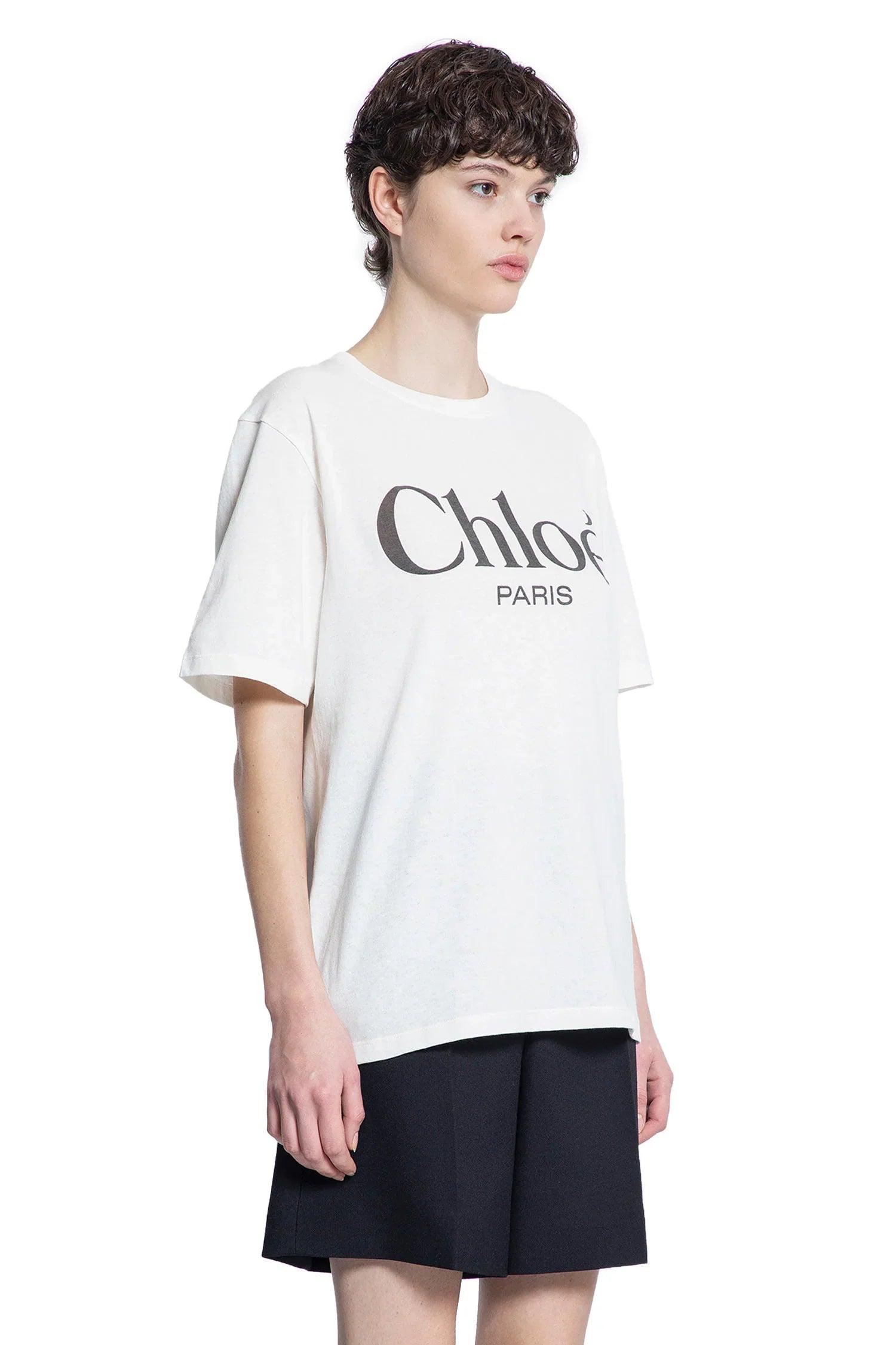 CHLOÉ White Crewneck T-shirt With Logo Print On The Front In Cotton Woman Product Image