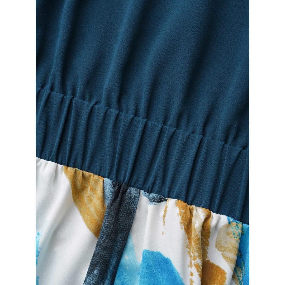 Plus Size Brush Stroke Print Contrast Spliced Dress Aegean Women Elegant Patchwork Overlap Collar Long Sleeve Curvy BloomChic 22-24/3X Product Image