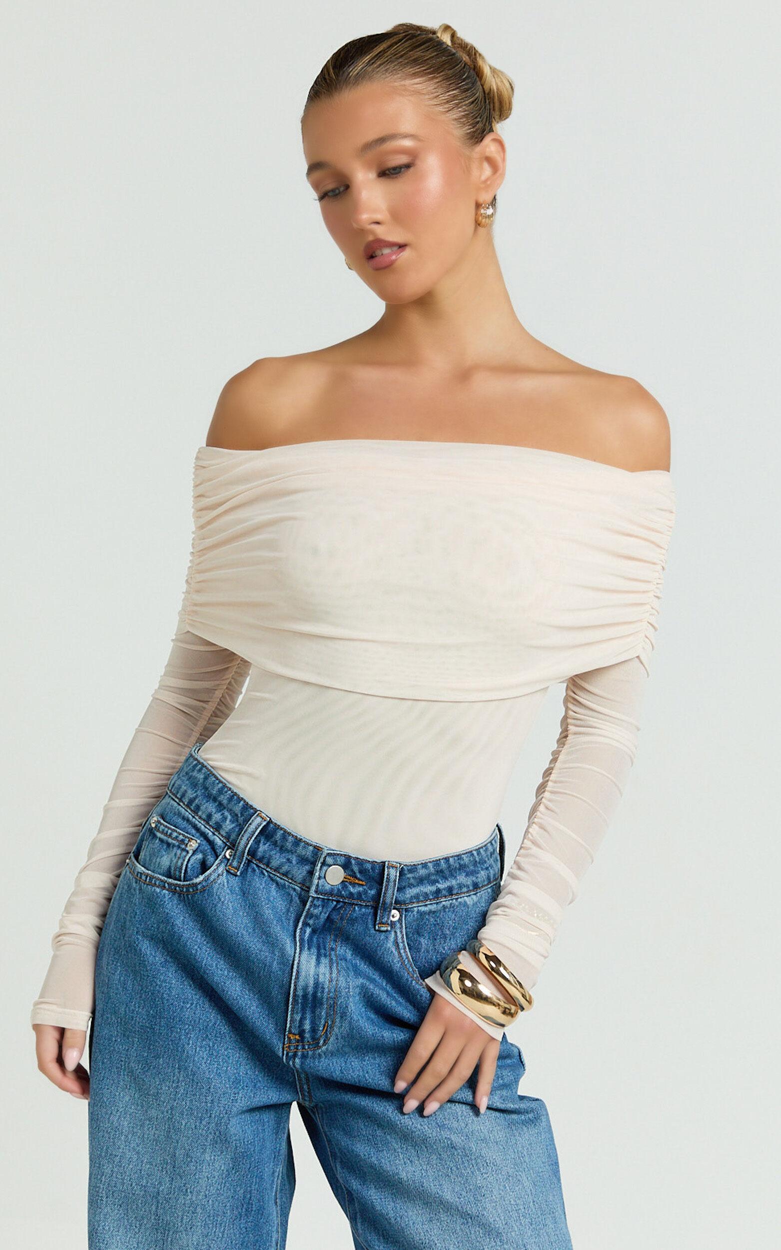 Jaythen Bodysuit - Long Sleeve Off Shoulder Ruched Mesh Bodysuit in Cream Product Image