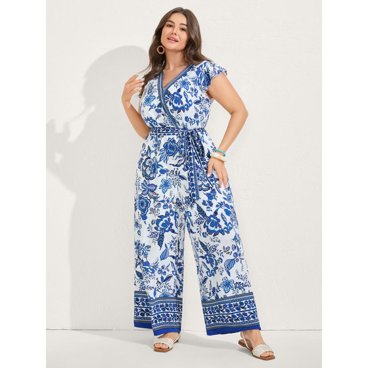 Plus Size Mediumblue Boho Print Surplice Neck Belted Jumpsuit Women Cap Sleeve Overlap Collar Vacation Loose Jumpsuits BloomChic 22-24/3X Product Image