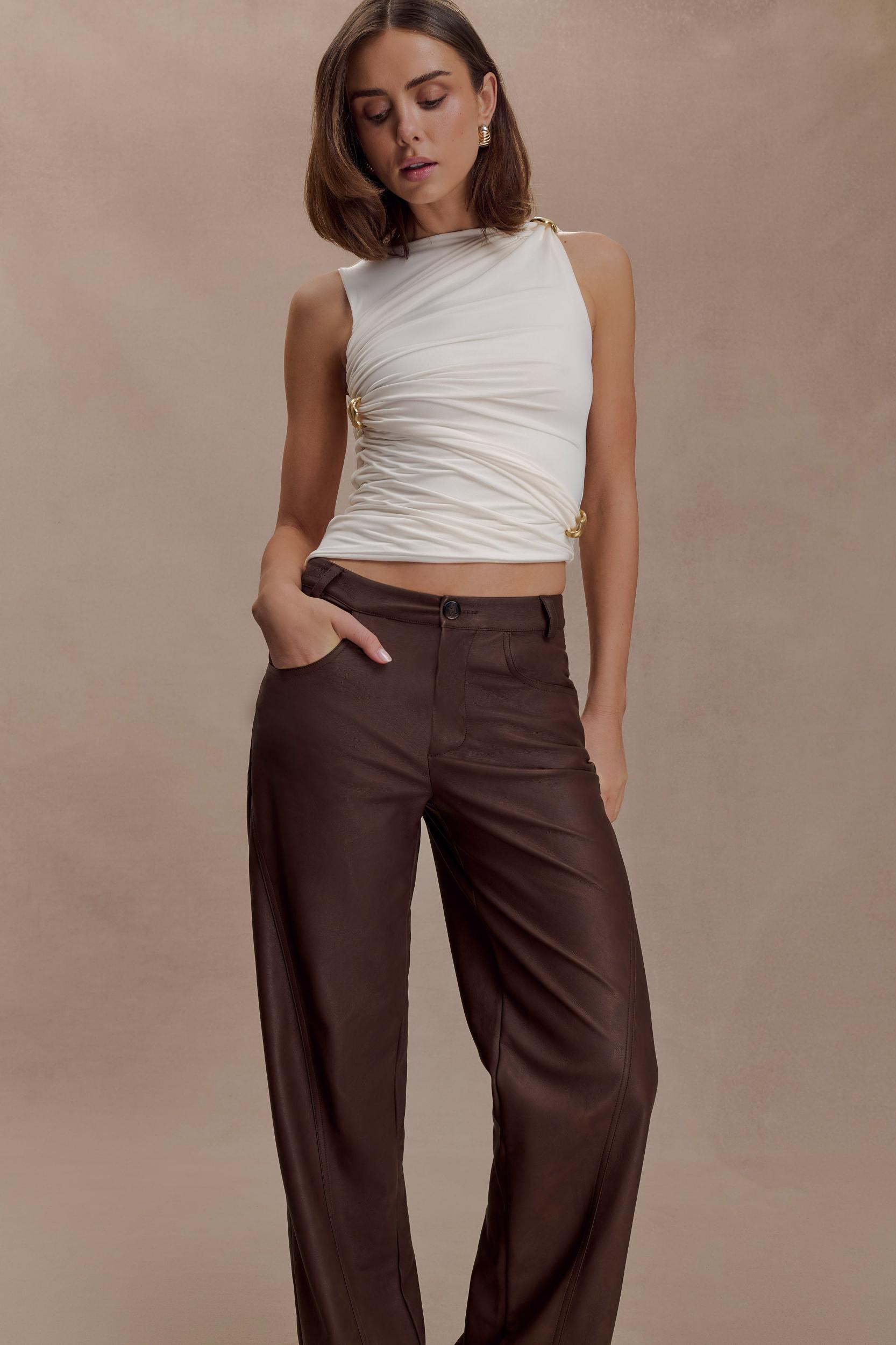 Theo Faux Leather Mid Rise Pants - Dark Chocolate Female Product Image