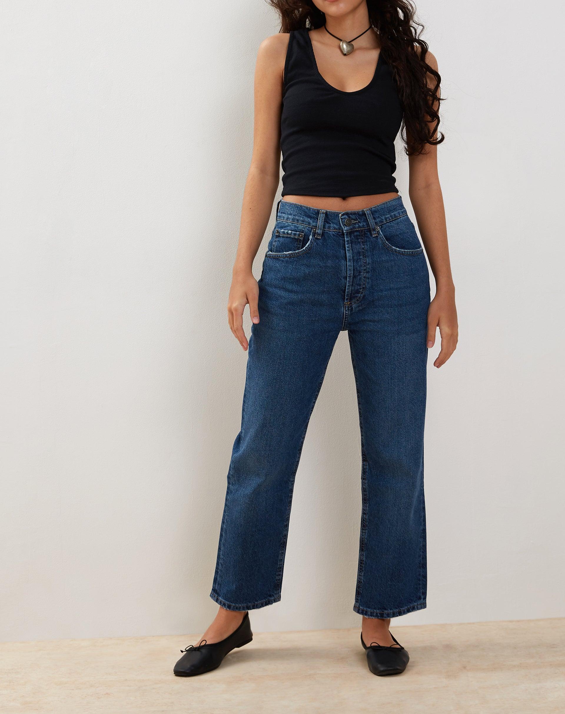 Mid Rise Straight Leg Jeans in Mid Blue Used Denim Product Image