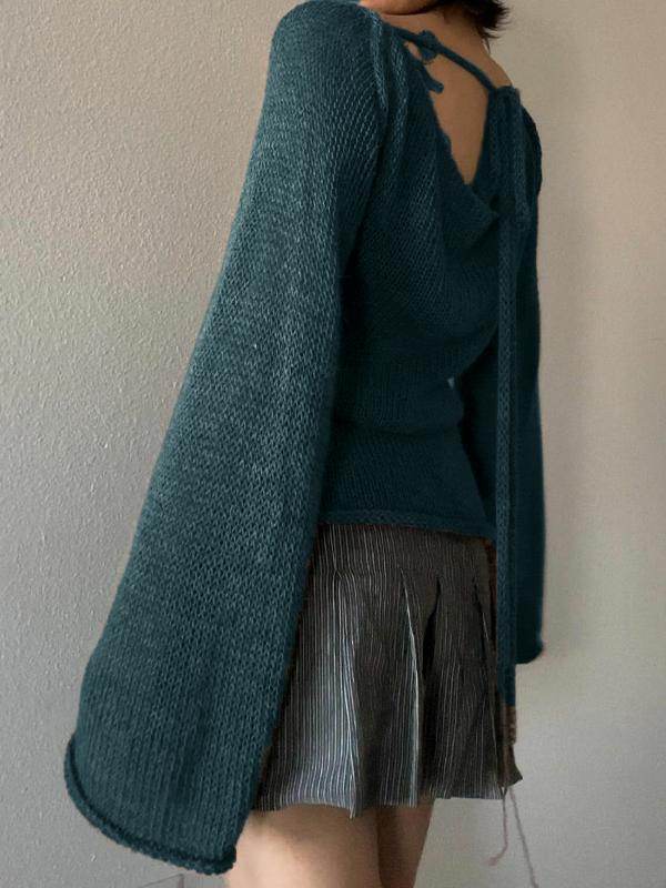 Solid Color Backless Lace Up Long Sleeve Knit Product Image