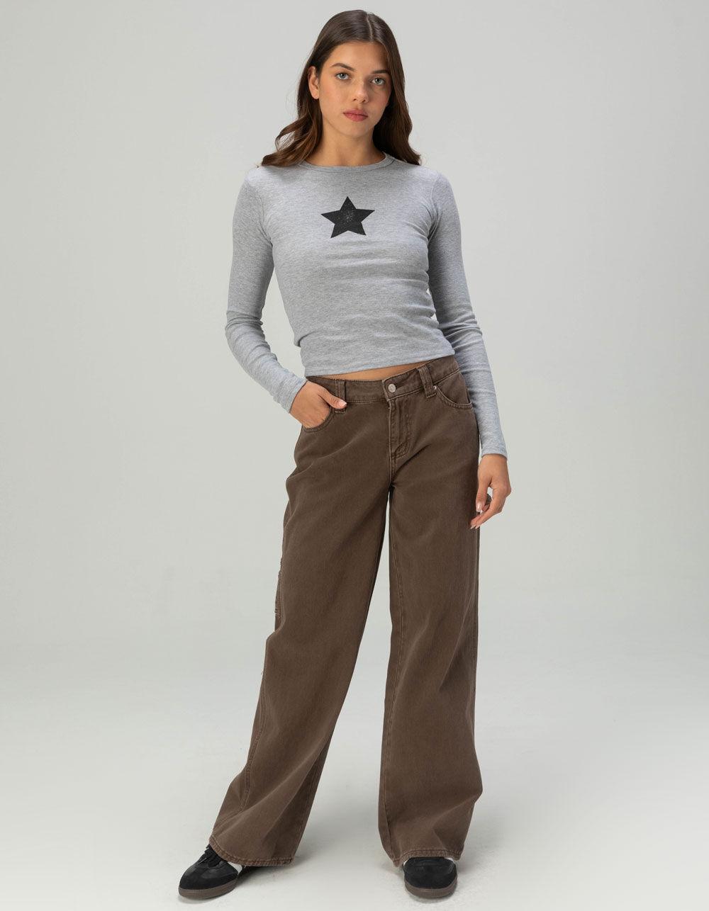 RSQ Womens Star Long Sleeve Baby Tee - GRAY Product Image