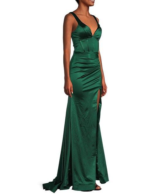 Honey and Rosie Sateen V-Neck Sleeveless Lace Up Back Pleated Dress Product Image