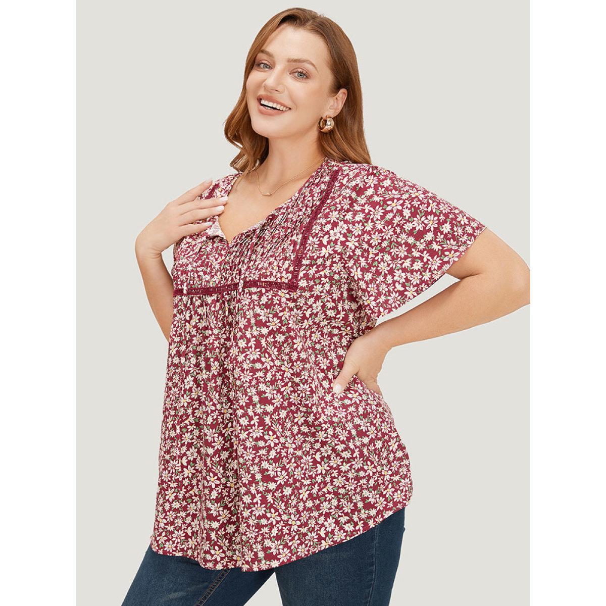 Plus Size RedViolet Ditsy Floral Lace Gathered Tie Neck Blouse Women Elegant Short sleeve Tie Neck Dailywear Blouses BloomChic 10/M Product Image