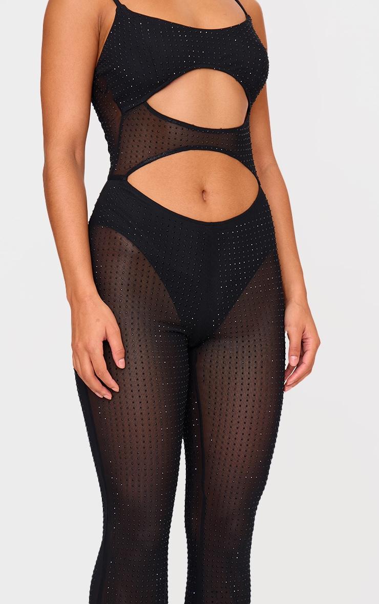 Black Diamante Hot Fix Mesh Cut Out Strappy Jumpsuit Product Image