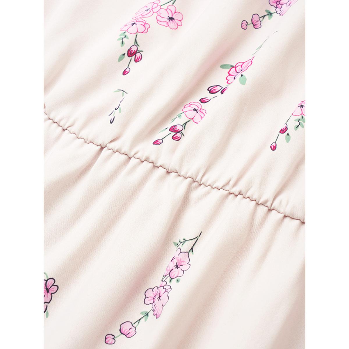 Plus Size Boho Print Patchwork Ruffles Lantern Sleeve Dress Apricot Women Elegant Elastic cuffs Round Neck Long Sleeve Curvy Midi Dress BloomChic 18-20/2X Product Image