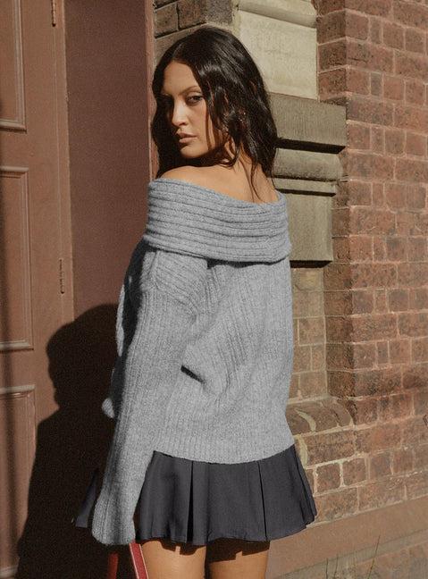 Snowie Off Shoulder Knit Sweater Grey Product Image