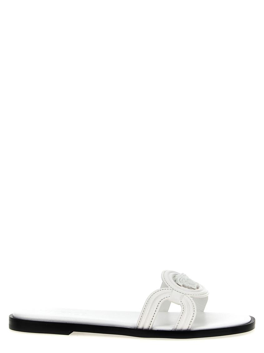 VERSACE Medusa Leather Flat Slide Sandals In White Product Image