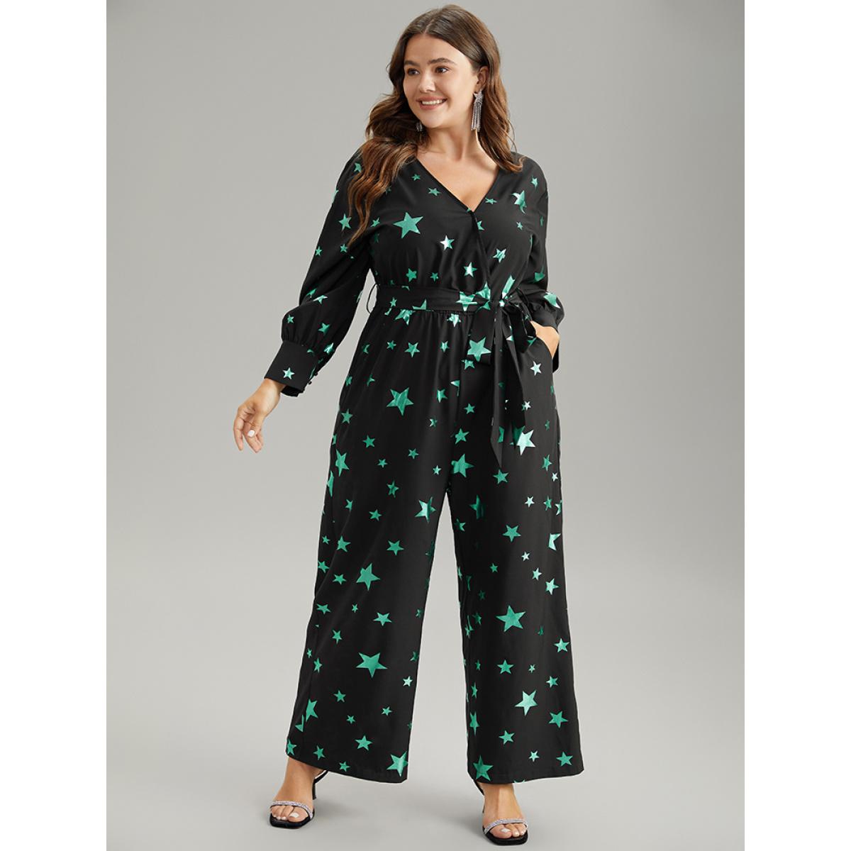 Plus Size Black Star Glitter Belted V Neck Jumpsuit Women Glamour Long Sleeve Overlap Collar Going out Loose Jumpsuits BloomChic 22-24/3X Product Image
