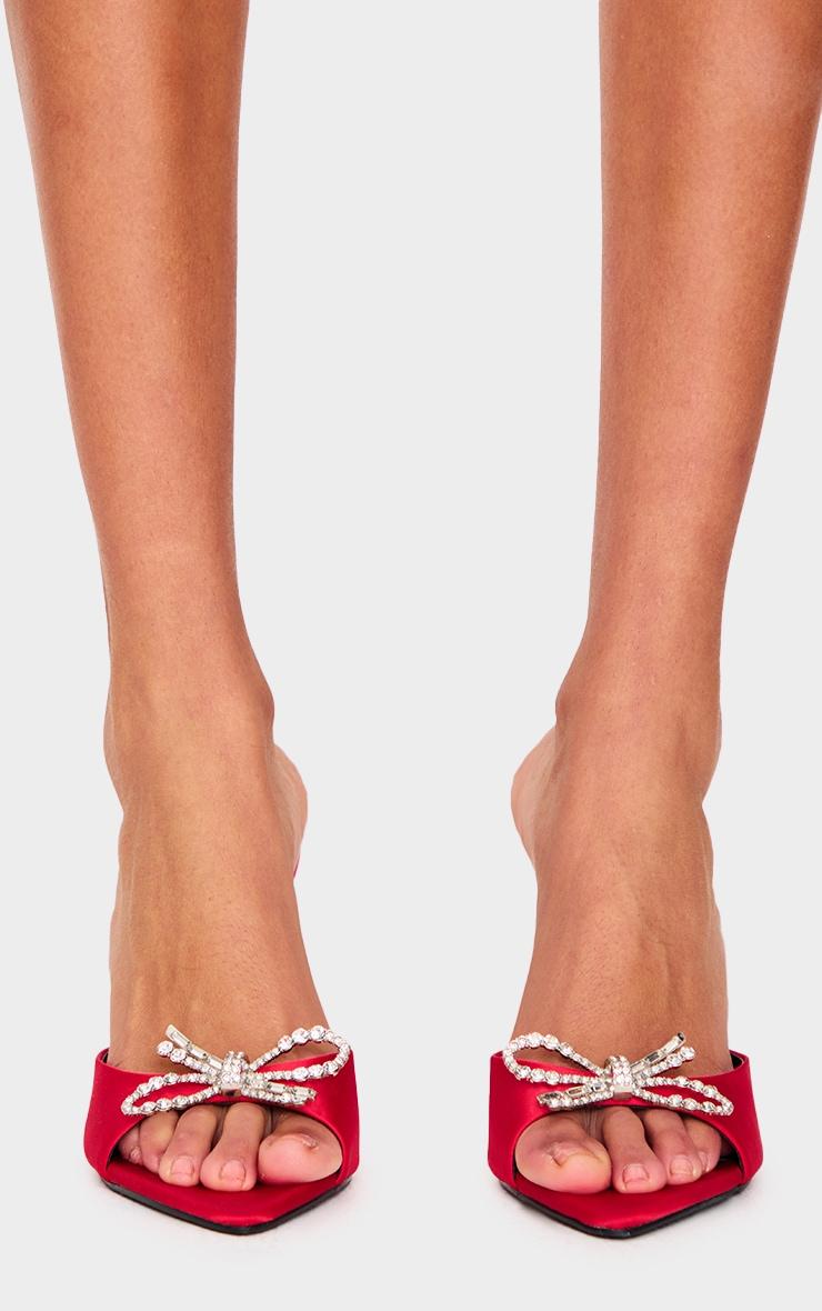 Red Satin Point Toe Diamante Bow High Stiletto Heeled Mules Product Image