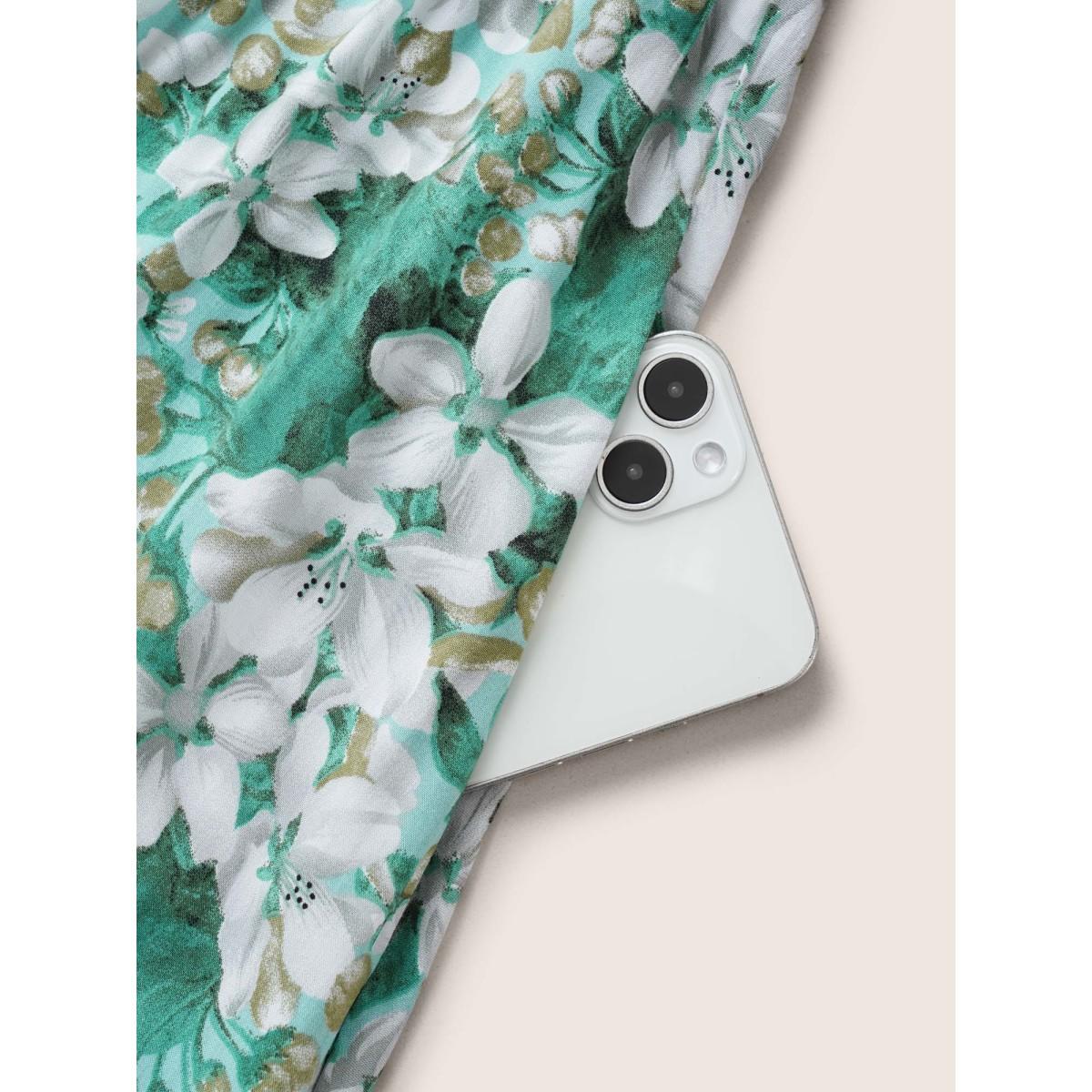 Plus Size Floral Print Notched Belted Midi Dress Turquoise Women Elegant Belted Flat collar with V-notch Short sleeve Curvy Midi Dress BloomChic 18-20/2X Product Image