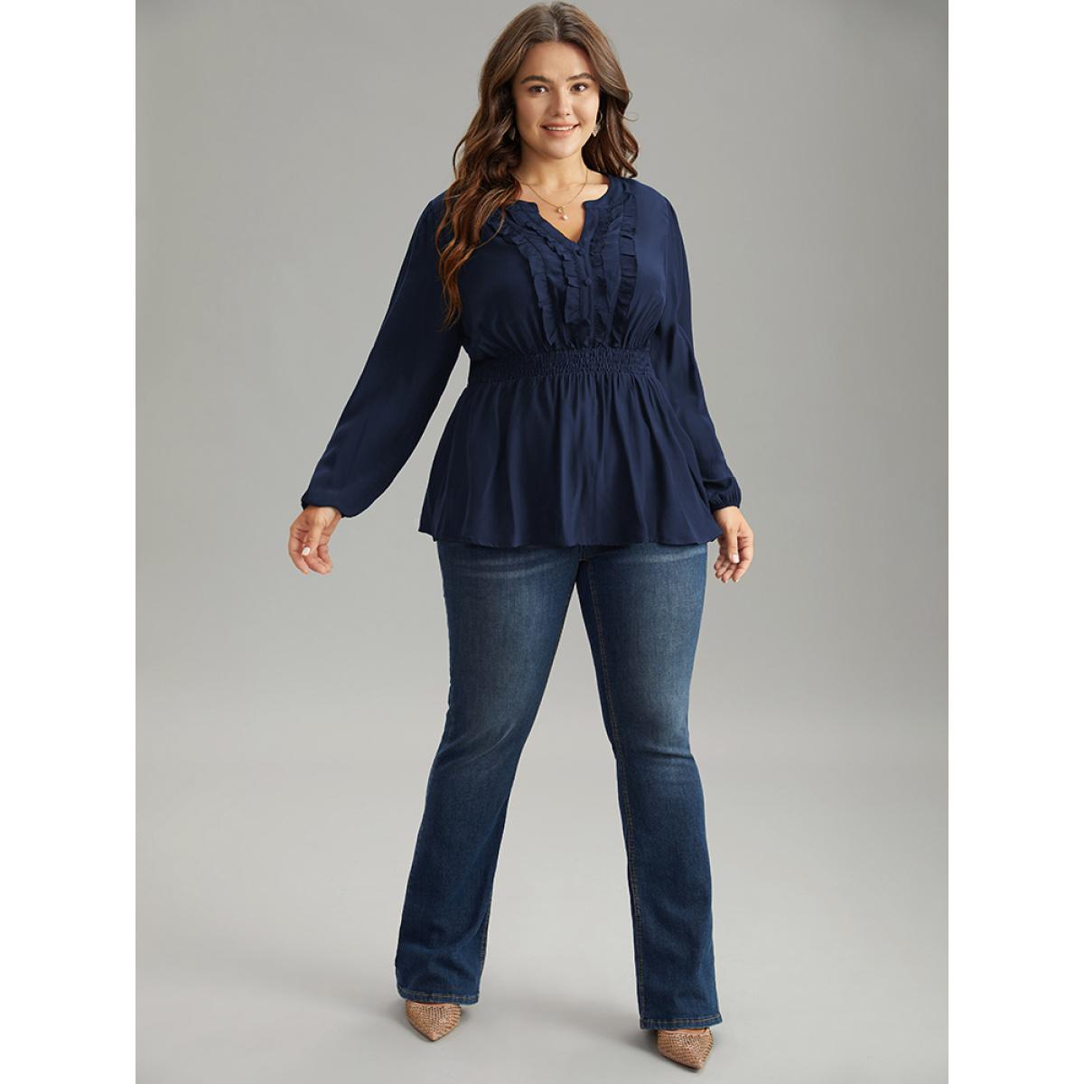 Plus Size Indigo Solid Frill Trim Shirred Flutter Hem Blouse Women Elegant Long Sleeve Notched collar Dailywear Blouses BloomChic 18-20/2X Product Image