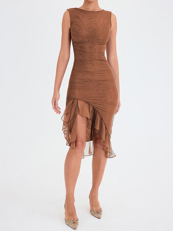 Solid Sleeveless Ruffled Hem Ruched Midi Dress Product Image