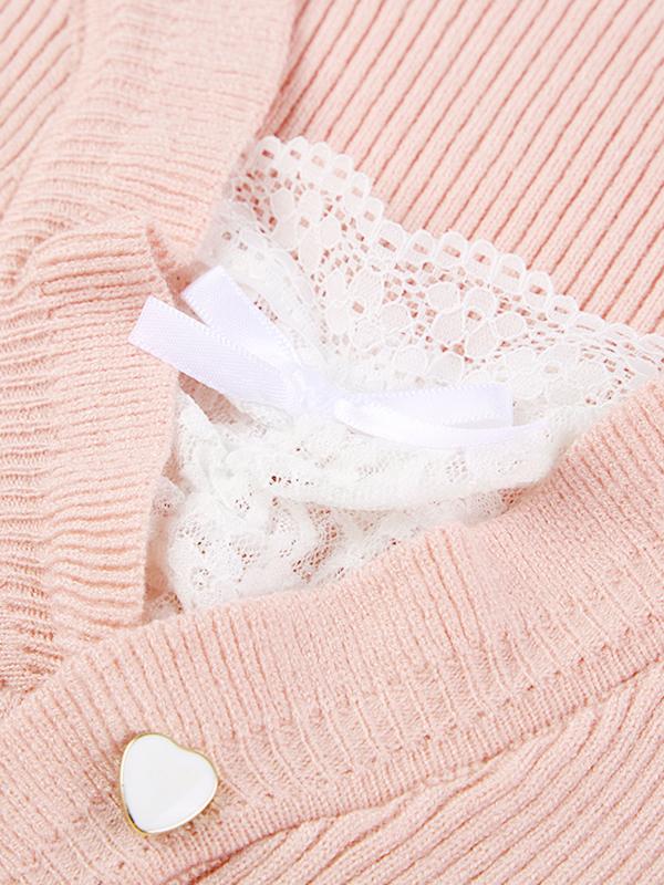 Lace Splice Tie Up Fake Two Piece Long Sleeve Knit Product Image