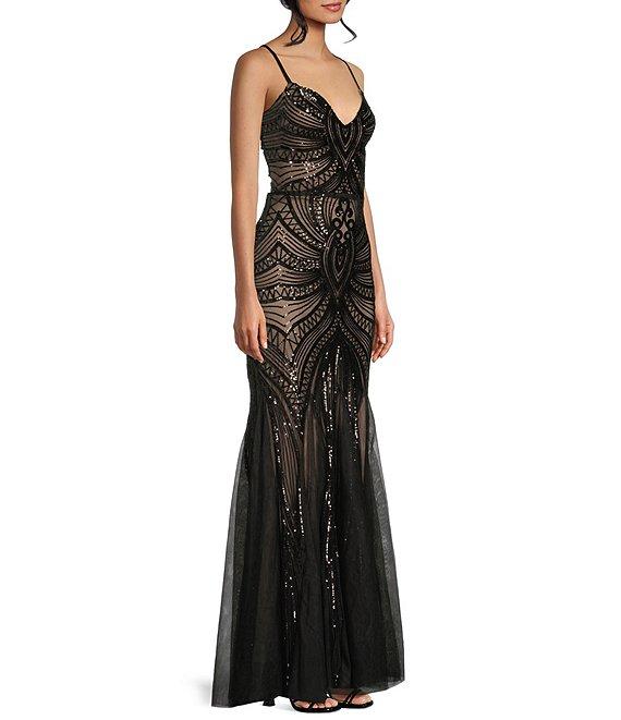 B. Darlin Sequin Sheer/Nude Pattern V-Neck Spaghetti Strap Lace Up Back Dress Product Image