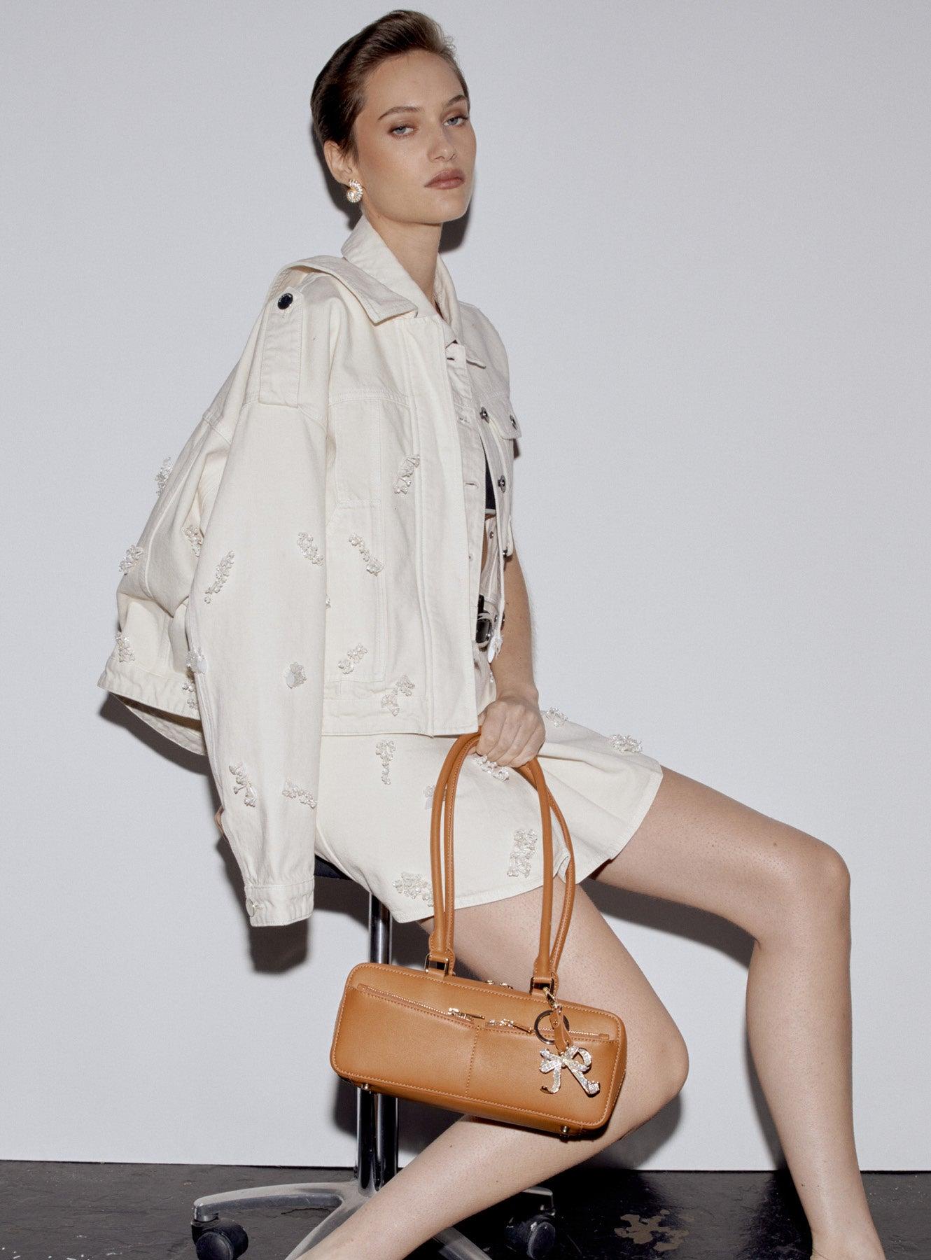Tan Leather Baguette Shoulder Bag With Charm Product Image