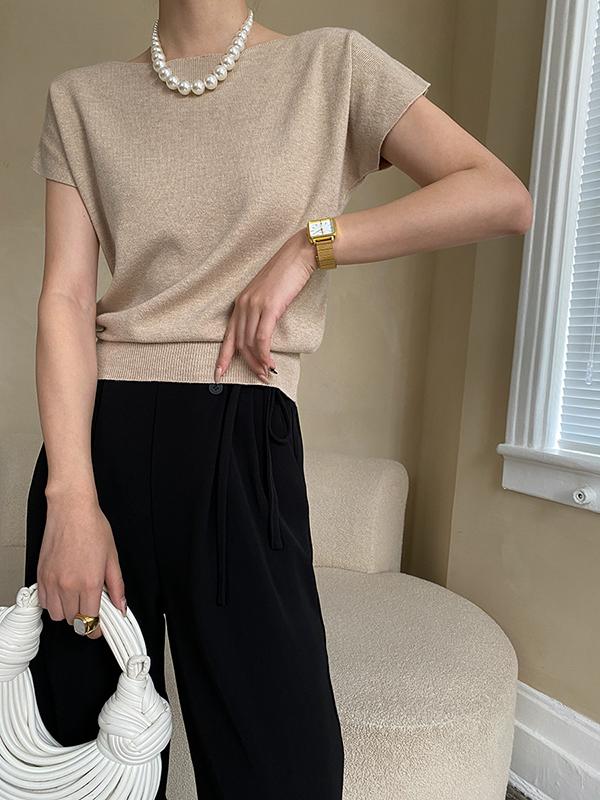Stylish Loose Solid Color Boat Neck Knitwear Pullovers Tops Product Image