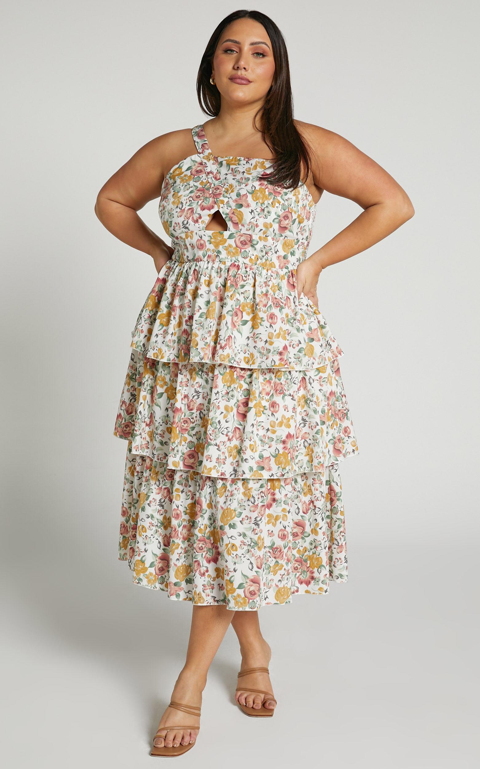 Caro Midi Dress - One Shoulder Tiered Dress in Multi Floral Product Image