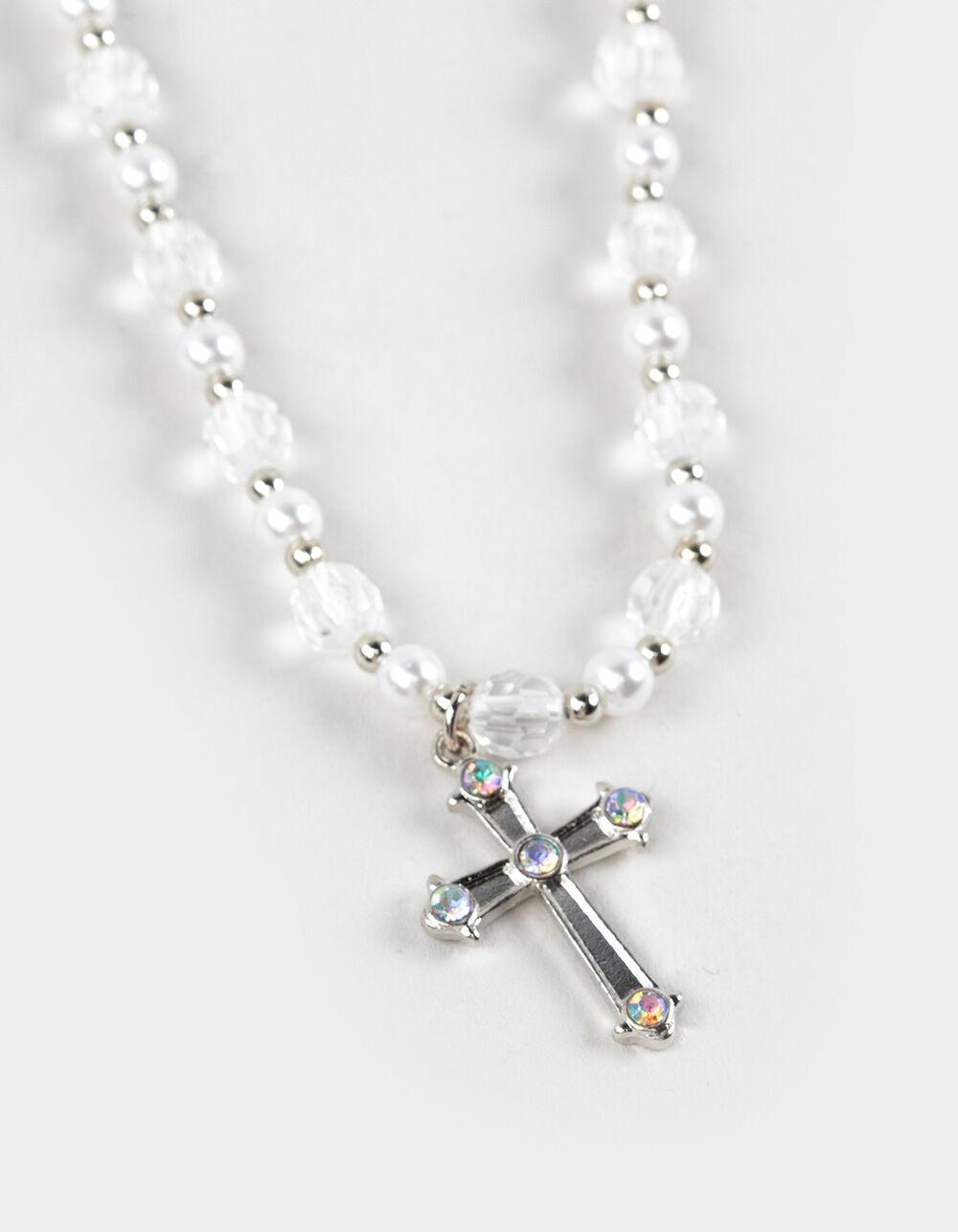 FULL TILT Beaded/Pearl Layered Cross Necklace - SILVER Product Image