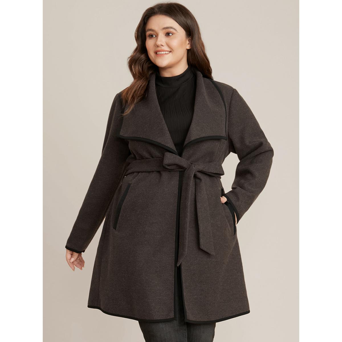 Plus Size Contrast Trim Pocket Belted Lapel Collar Coat Women DarkBrown Office Belted Ladies Work Winter Coats BloomChic 28/5X Product Image