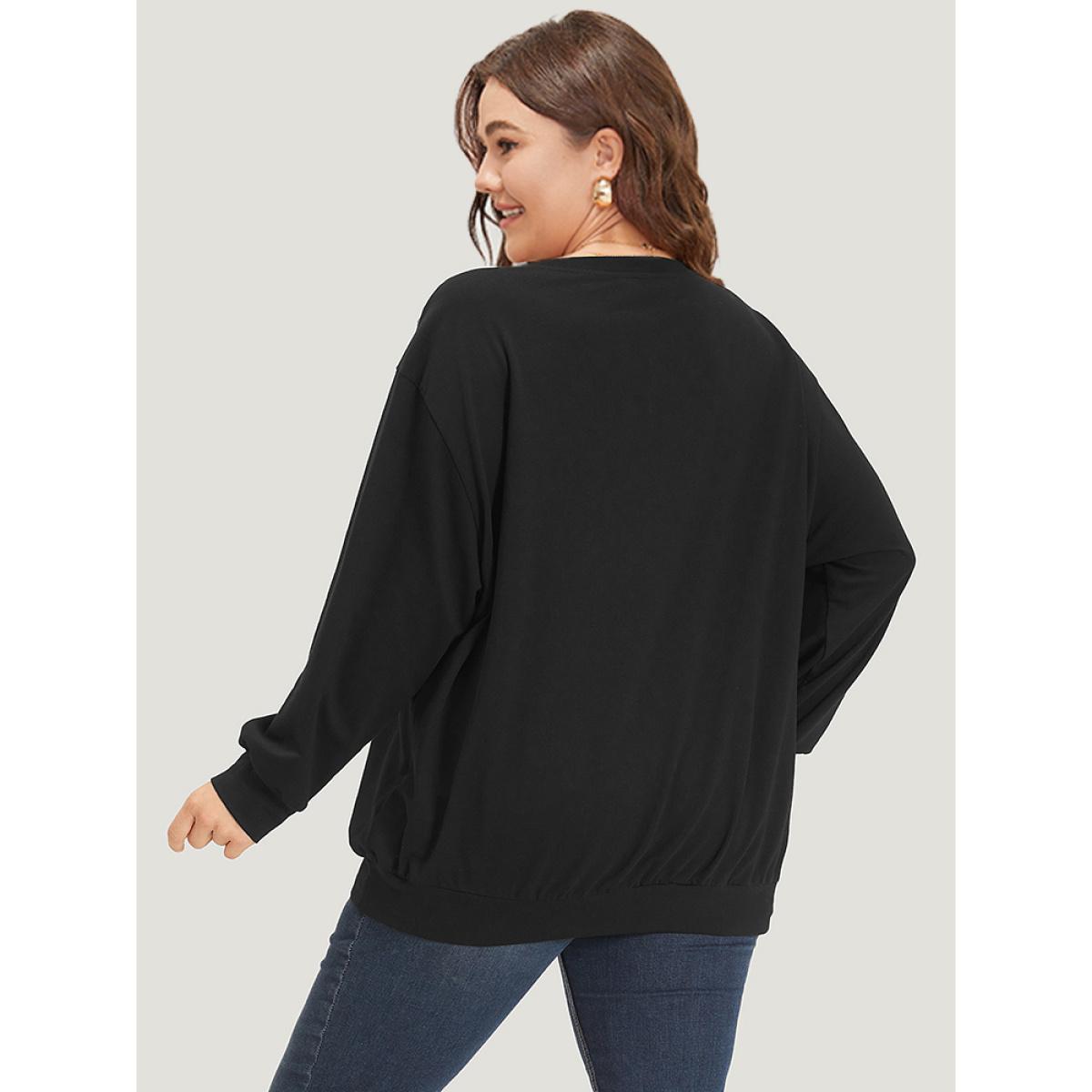 Plus Size Lace Insert V Neck Elastic Cuffs Sweatshirt Women Black Elegant Elastic cuffs V-neck Dailywear Sweatshirts BloomChic 22-24/3X Product Image