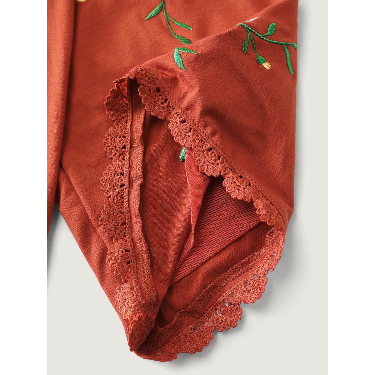 Plus Size Floral Embroidered Lace Knit T-Shirt OrangeRed Women Boho V-neck Vacation T-shirts BloomChic 22-24/3X Product Image