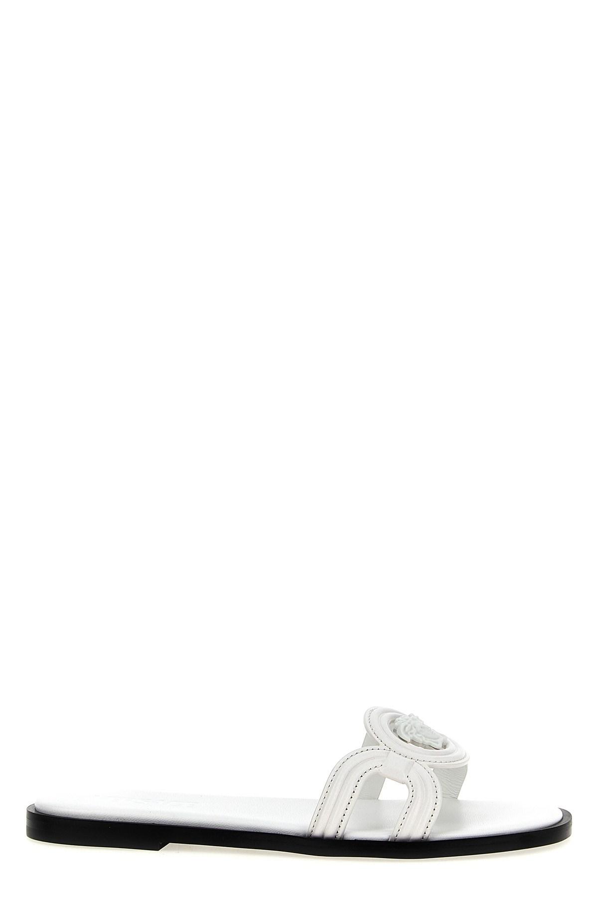 VERSACE Medusa Leather Flat Slide Sandals In White Product Image