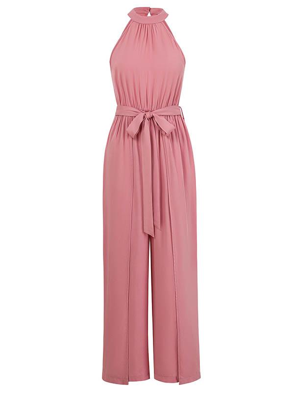 High Waisted Loose Pleated Solid Color Split-Front Tied Waist Halter-Neck Jumpsuits Product Image