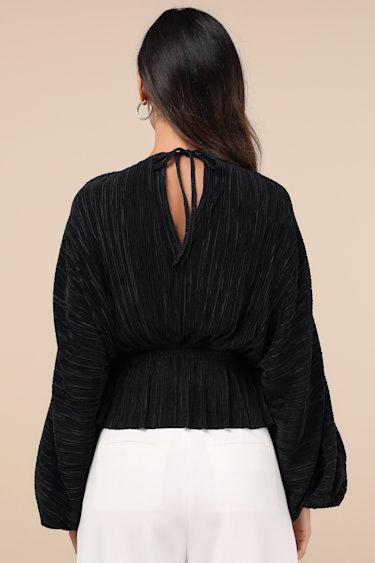 Radiant Flirt Black Satin Plisse Long Sleeve Top Product Image