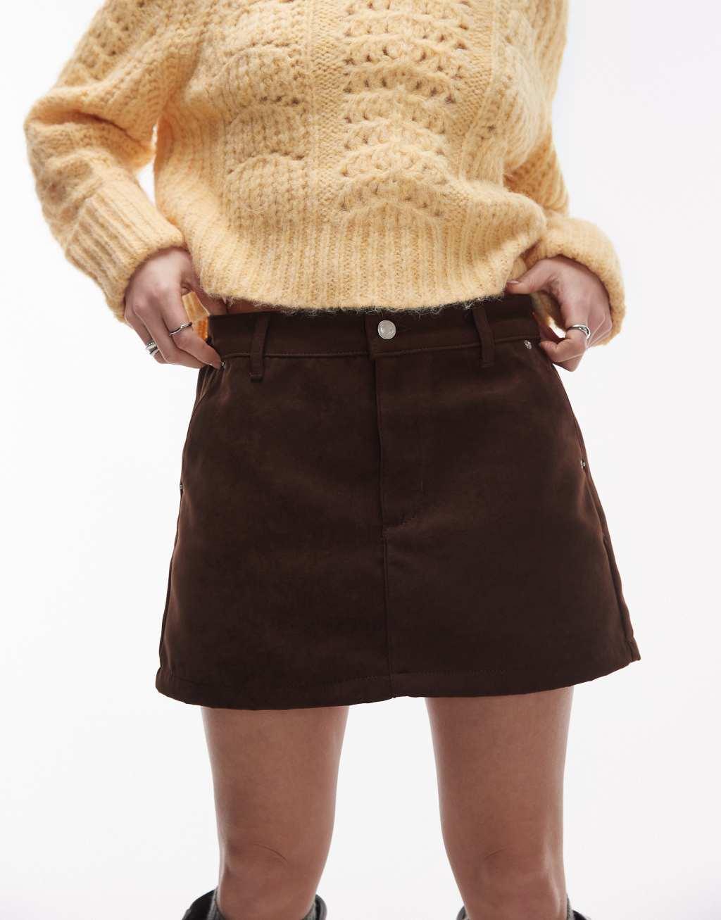 Topshop faux suede pelmet mini skirt in brown Product Image