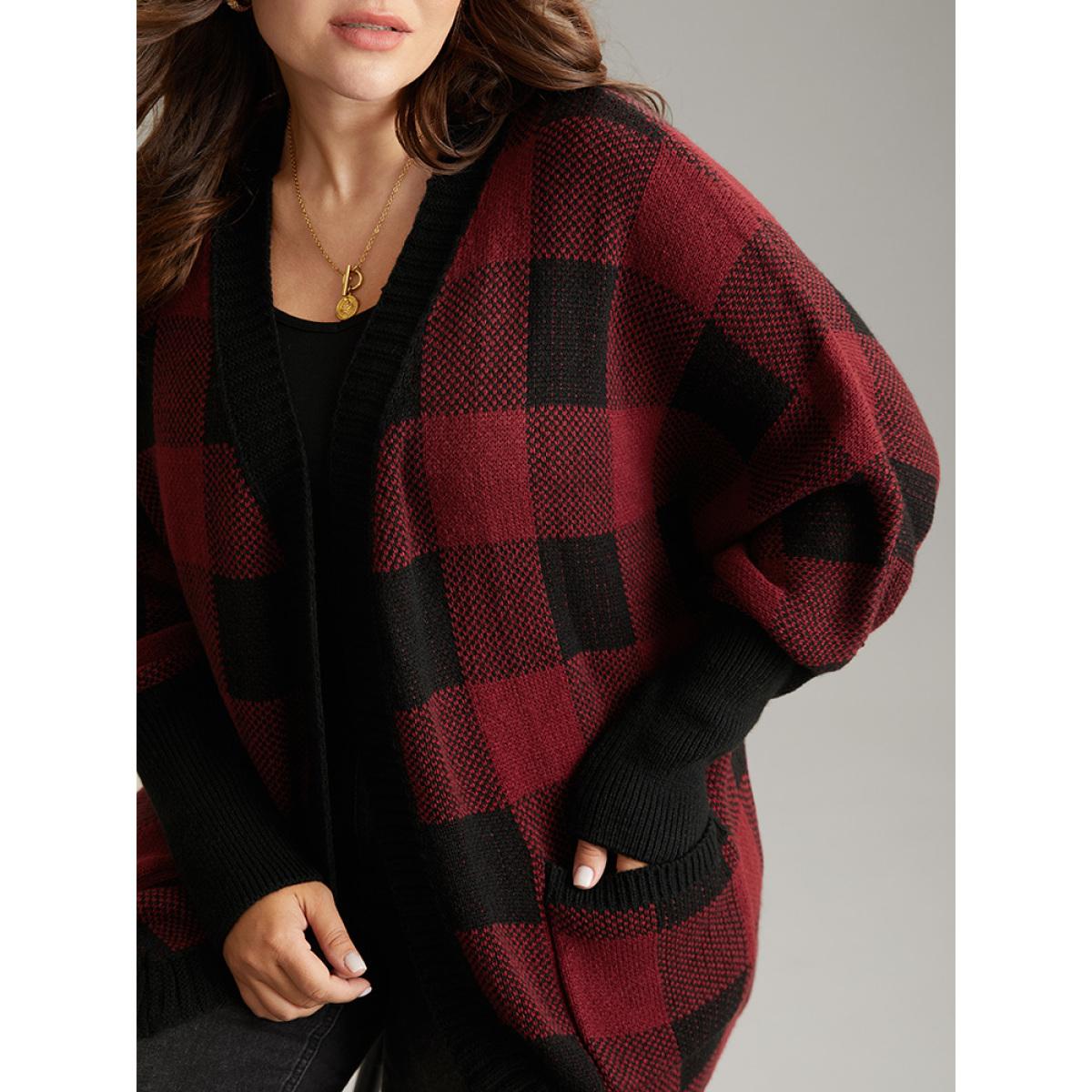 Plus Size Plaid Contrast Open Front Dolman Sleeve Cardigan Scarlet Women Casual Loose Long Sleeve Dailywear Cardigans BloomChic 30/6X Product Image