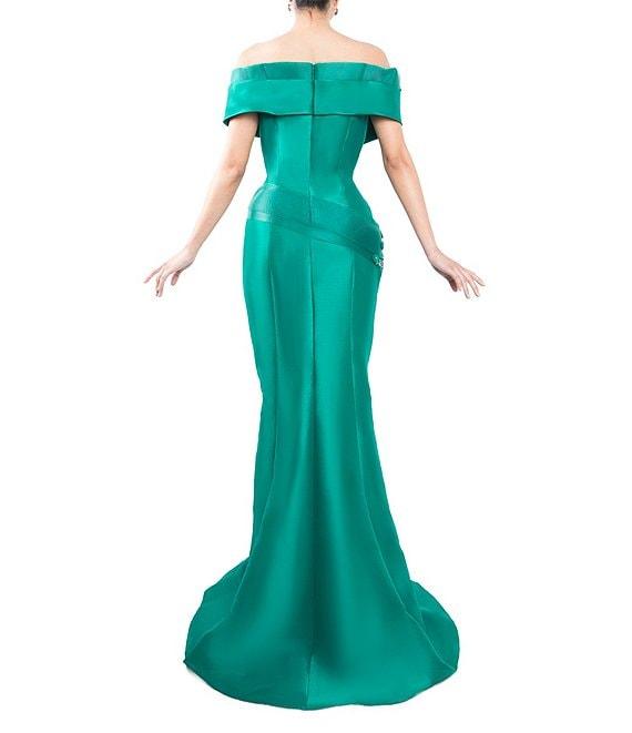 Terani Couture Pleated Off-the-Shoulder Short Sleeve Mermaid Gown Product Image