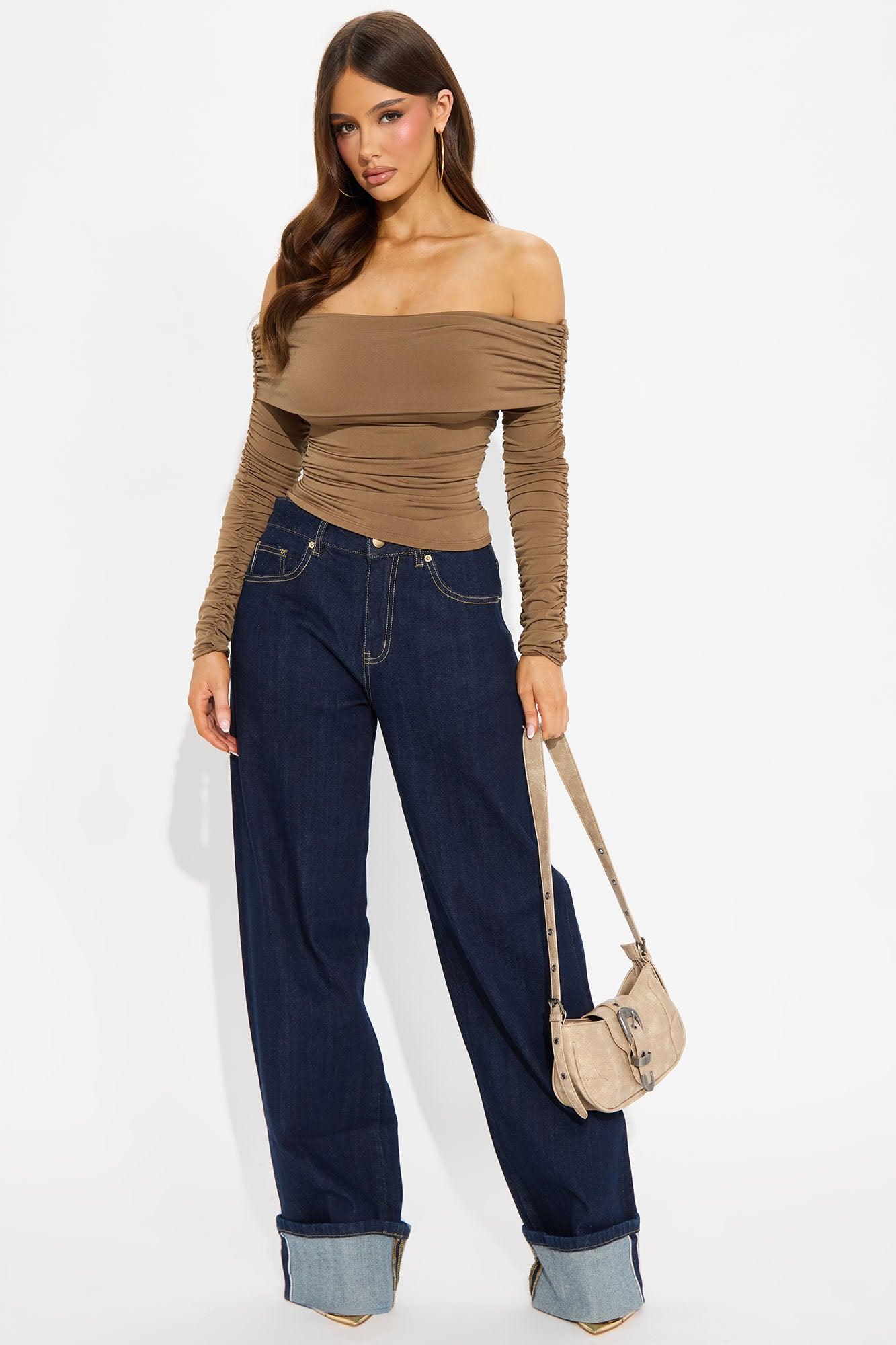 Maggie Long Sleeve Ruched Off Shoulder Top - Mocha Female Product Image