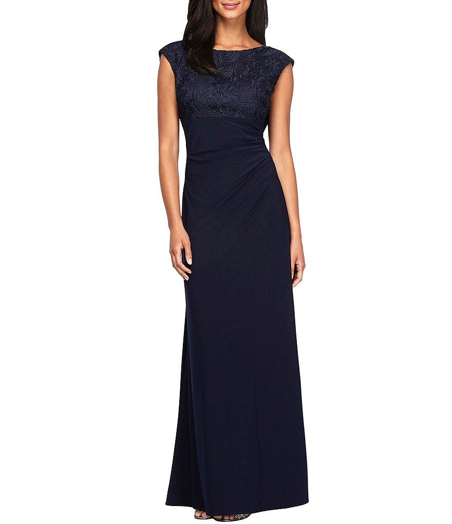 Alex Evenings Soutache Floral Lace Boat Neck Cowl-Back Cap Sleeve Ruched Gown Product Image