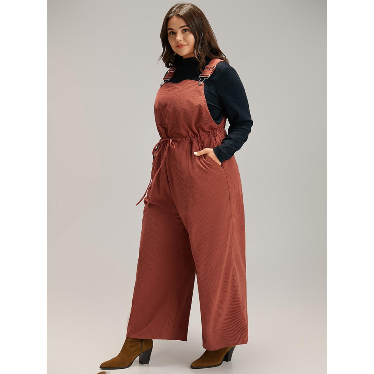 Plus Size Rust Plain Textured Drawstring Adjustable Straps Jumpsuit Women Casual Sleeveless Spaghetti Strap Dailywear Loose Jumpsuits BloomChic 10/M Product Image