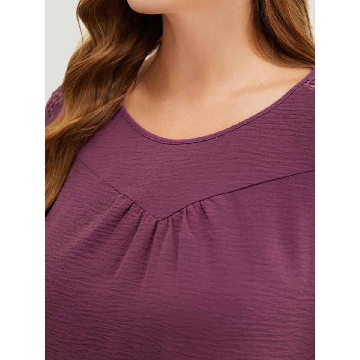 Plus Size Mauve Solid Gathered Lace Patchwork Blouse Women Elegant Elbow-length sleeve Round Neck Dailywear Blouses BloomChic 28/5X Product Image