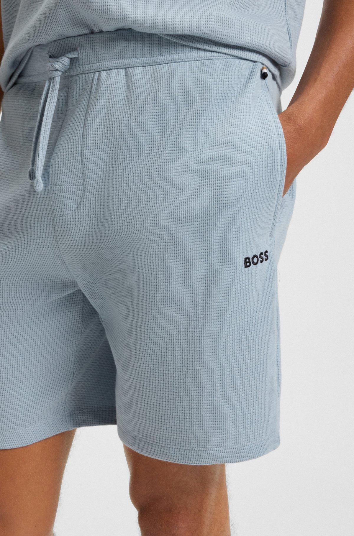 BOSS - Waffle-structured pajama shorts with embroidered logo - Light Blue Product Image